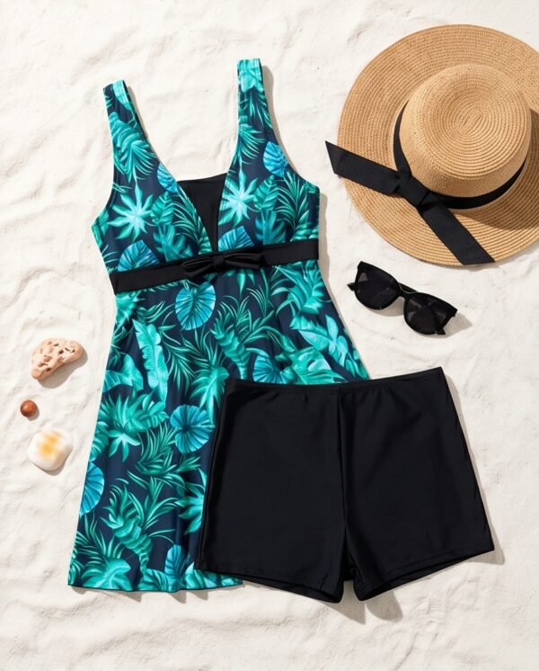 Green Tropical Print Wrap-Tie Tankini Swim Dress