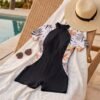 BS-SWM-071_4 Black Tropical Print Zip-Front Knee-Length Swimsuit
