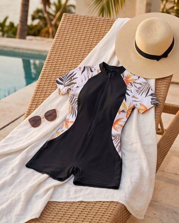 BS-SWM-071_4 Black Tropical Print Zip-Front Knee-Length Swimsuit