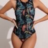 BS-SWM-076_1 Black Tropical Leaf Print Zip-Front One-Piece Swimsuit
