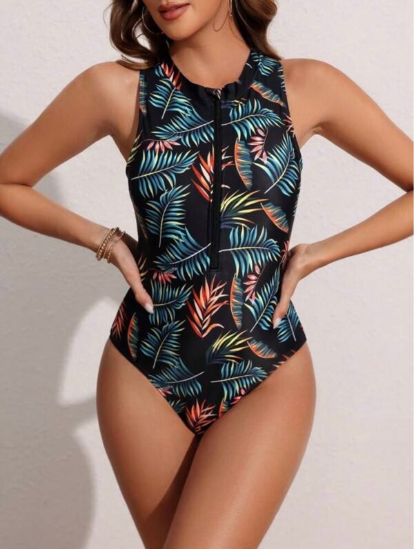 BS-SWM-076_1 Black Tropical Leaf Print Zip-Front One-Piece Swimsuit