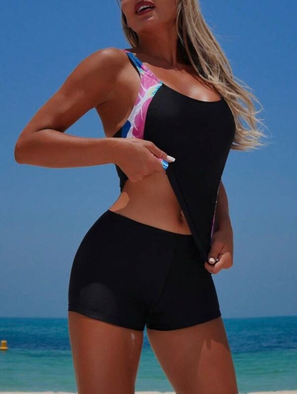 Black Floral Side Panel Tankini Set