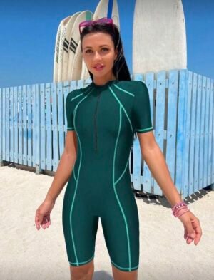 Green Contrast Stitch Zip-Front Knee-Length Swimsuit