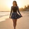 Black Tropical Print Long-Sleeve Zip-Front Swim Dress
