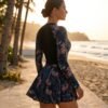 Black Tropical Print Long-Sleeve Zip-Front Swim Dress