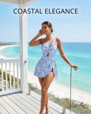 Blue Floral Print One-Shoulder Cutout Swim Dress