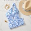 Blue Floral Print One-Shoulder Cutout Swim Dress
