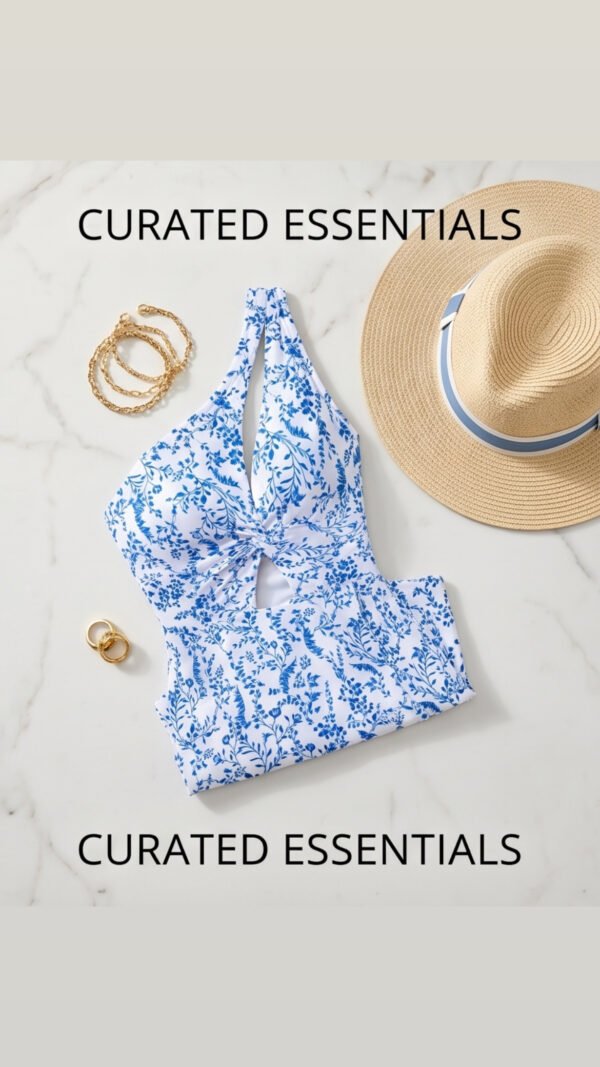 Blue Floral Print One-Shoulder Cutout Swim Dress