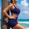 BS-SWM-084_3 Navy Ribbed Waist Wrap Romper Swimsuit