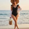 Black Ruffle Sleeve V-Neck One-Piece Swimsuit