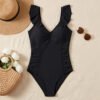 Black Ruffle Sleeve V-Neck One-Piece Swimsuit