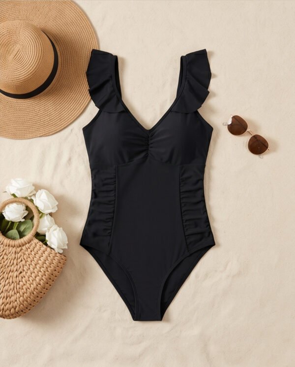 Black Ruffle Sleeve V-Neck One-Piece Swimsuit