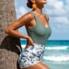 Sage Green Top Floral Print Swimwear With Shorts