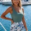 Sage Green Top Floral Print Swimwear With Shorts