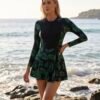 Black Tropical Leaf Print Long-Sleeve Zip-Front Swim Dress