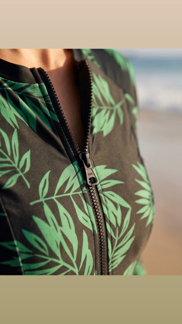 Black Tropical Leaf Print Long-Sleeve Zip-Front Swim Dress