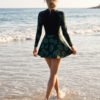 Black Tropical Leaf Print Long-Sleeve Zip-Front Swim Dress