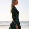 Black Tropical Leaf Print Long-Sleeve Zip-Front Swim Dress