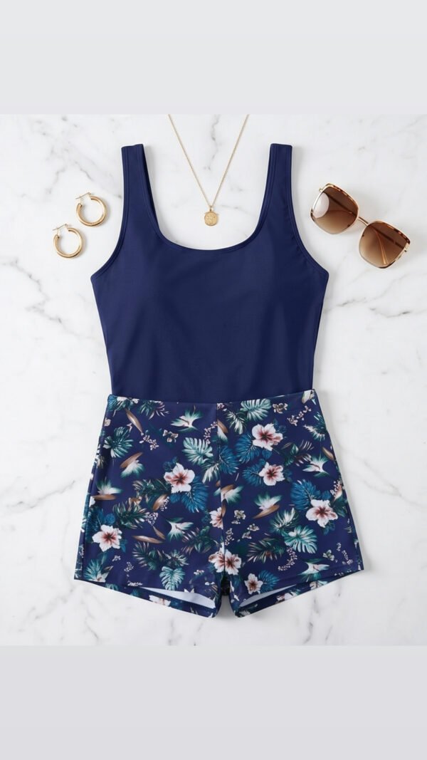 Navy Floral Print Romper Swimsuit