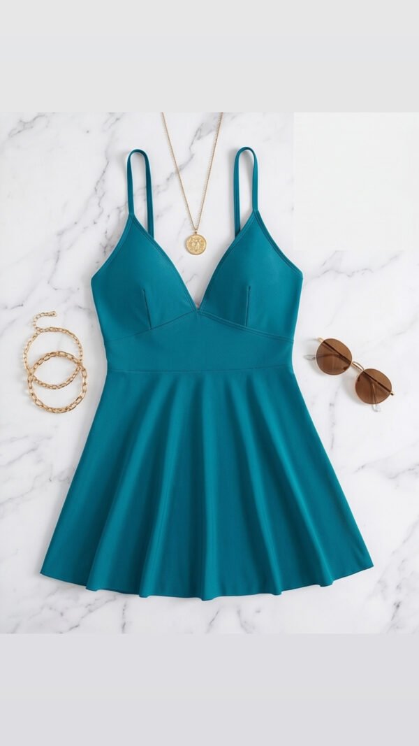 Teal V-Neck Spaghetti Strap Swim Dress