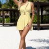 Yellow Floral Print One-Shoulder Twist Front Swim Dress