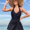 Black Halter Wrap Front Swim Dress