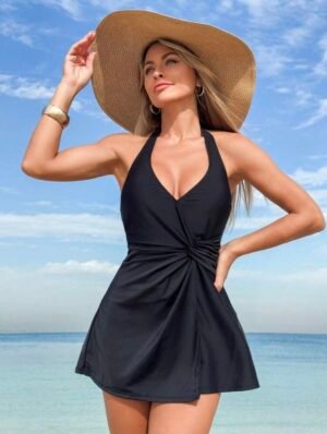 Black Halter Wrap Front Swim Dress