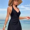 Black Halter Wrap Front Swim Dress