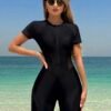 BS-SWM-102_3 Black Mesh Panel Zip-Front Romper Swimsuit