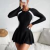 Black Color-Block Long-Sleeve Zip-Front Swim Dress