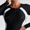 Black Color-Block Long-Sleeve Zip-Front Swim Dress