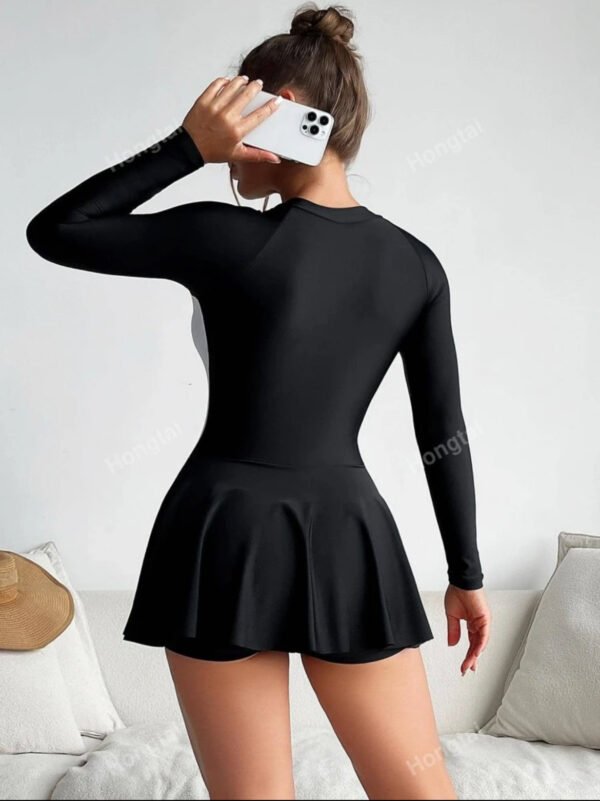 Black Color-Block Long-Sleeve Zip-Front Swim Dress