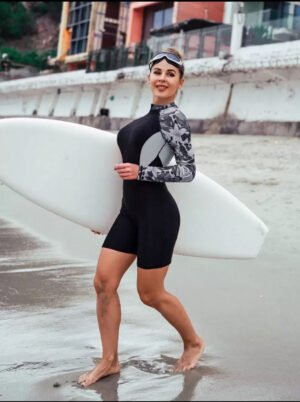 Black Floral Sleeve Long-Sleeve Zip-Front Romper Swimsuit