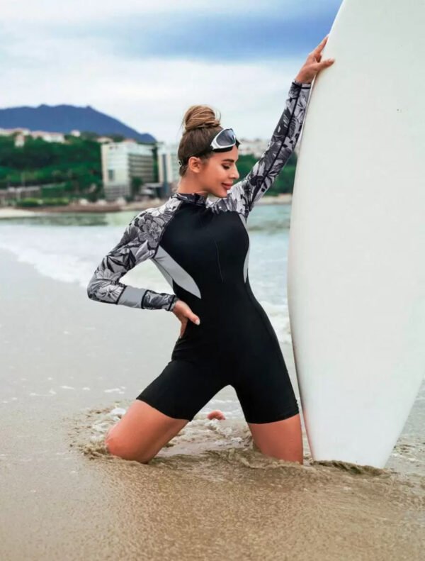 BS-SWM-104_4 Black Floral Sleeve Long-Sleeve Zip-Front Romper Swimsuit