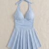 Blue Striped Halter Swim Dress