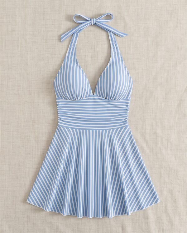 Blue Striped Halter Swim Dress