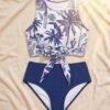 BS-SWM-108_4 Blue Palm Print Tie-Front Tankini with Shorts