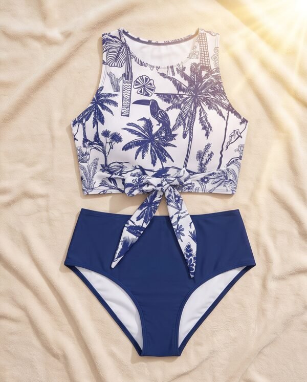 BS-SWM-108_4 Blue Palm Print Tie-Front Tankini with Shorts