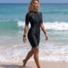 BS-SWM-109_1 Black Blue Contrast Line Zip-Front Knee-Length Swimsuit