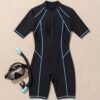BS-SWM-109_4 Black Blue Contrast Line Zip-Front Knee-Length Swimsuit