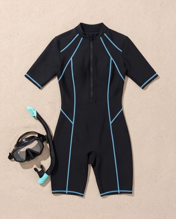 BS-SWM-109_4 Black Blue Contrast Line Zip-Front Knee-Length Swimsuit