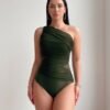 Olive Green One-Shoulder Ruched Mesh Panel Swimsuit