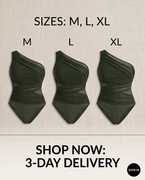 Olive Green One-Shoulder Ruched Mesh Panel Swimsuit