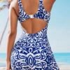Blue Damask Print Racerback Romper Swimsuit