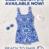 Blue Damask Print Racerback Romper Swimsuit