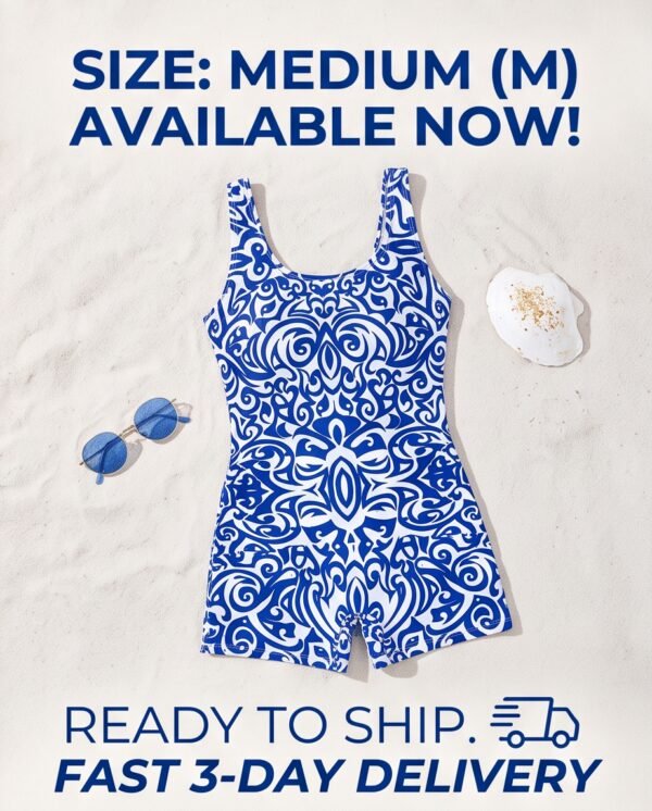 Blue Damask Print Racerback Romper Swimsuit