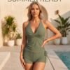 Sage Green Halter Wrap Front Romper Swimsuit