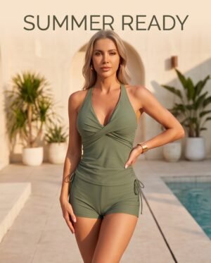 Sage Green Halter Wrap Front Romper Swimsuit
