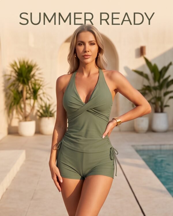 Sage Green Halter Wrap Front Romper Swimsuit