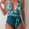Green Tropical Print Deep-V One-Piece Swimsuit